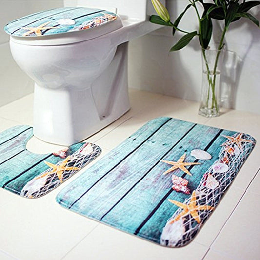 3-pc Anti-Slip Decorative Bathroom Mat Set - Indigo-Temple