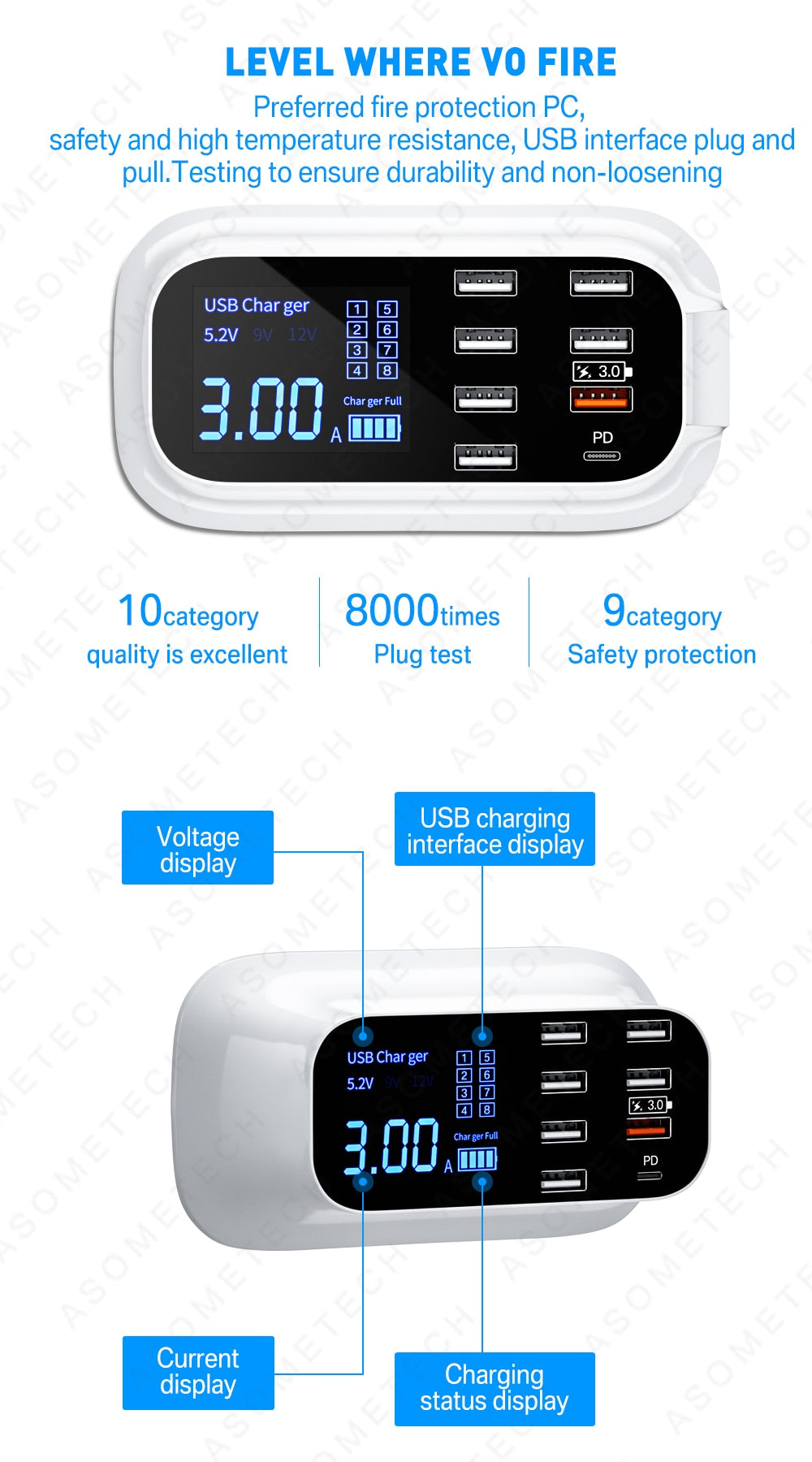 Quick Charge 40W LED Display 8 Ports Charge Station