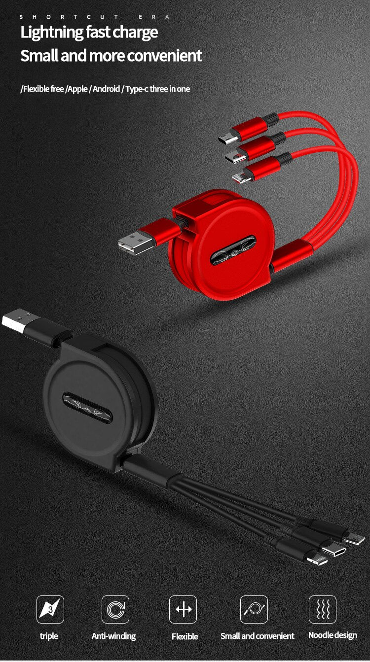 Retractable 3 In 1 USB  Portable Charging Cable