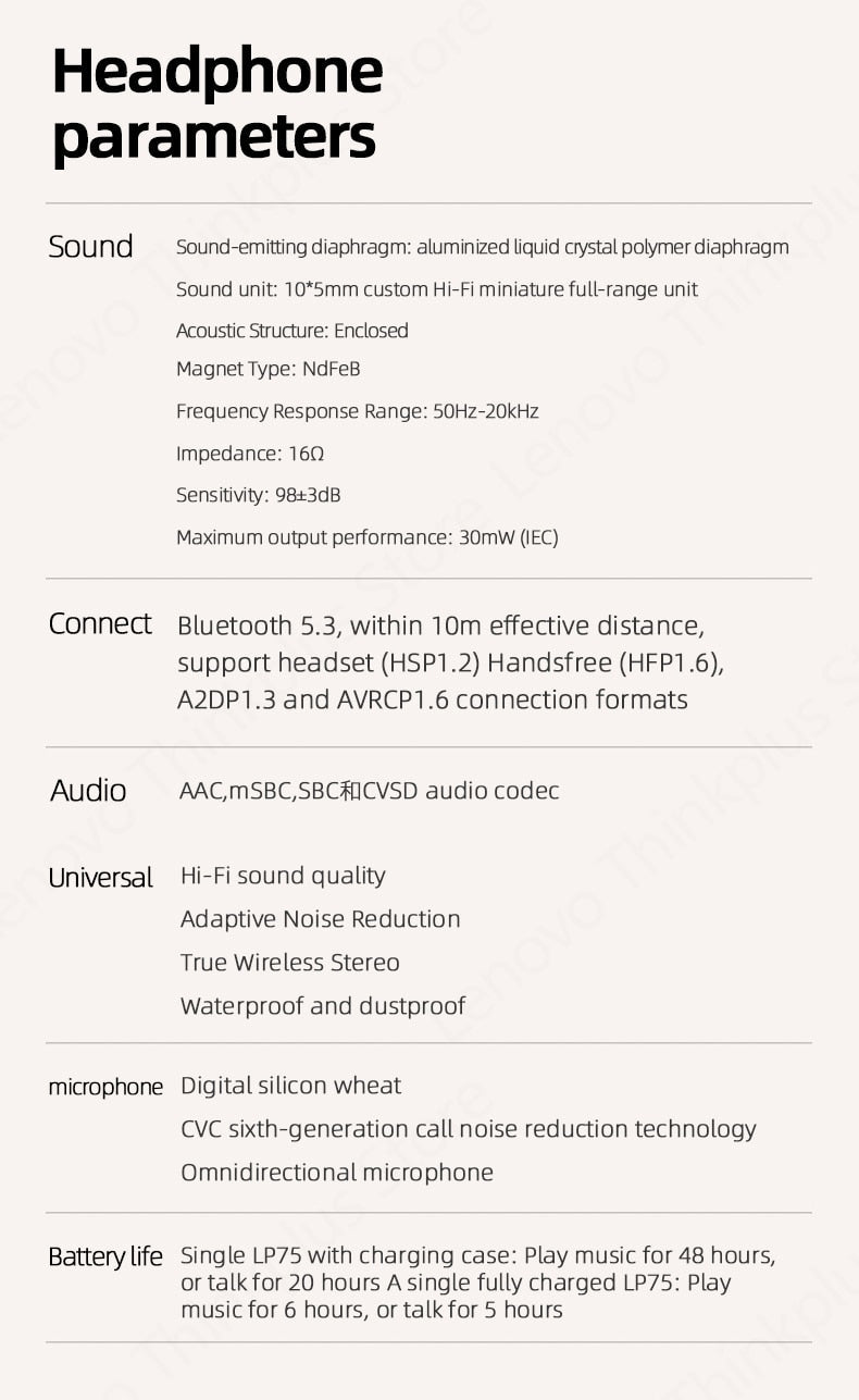 Lenovo™ LP75 TWS Hifi Stereo Bluetooth Sports Earphones