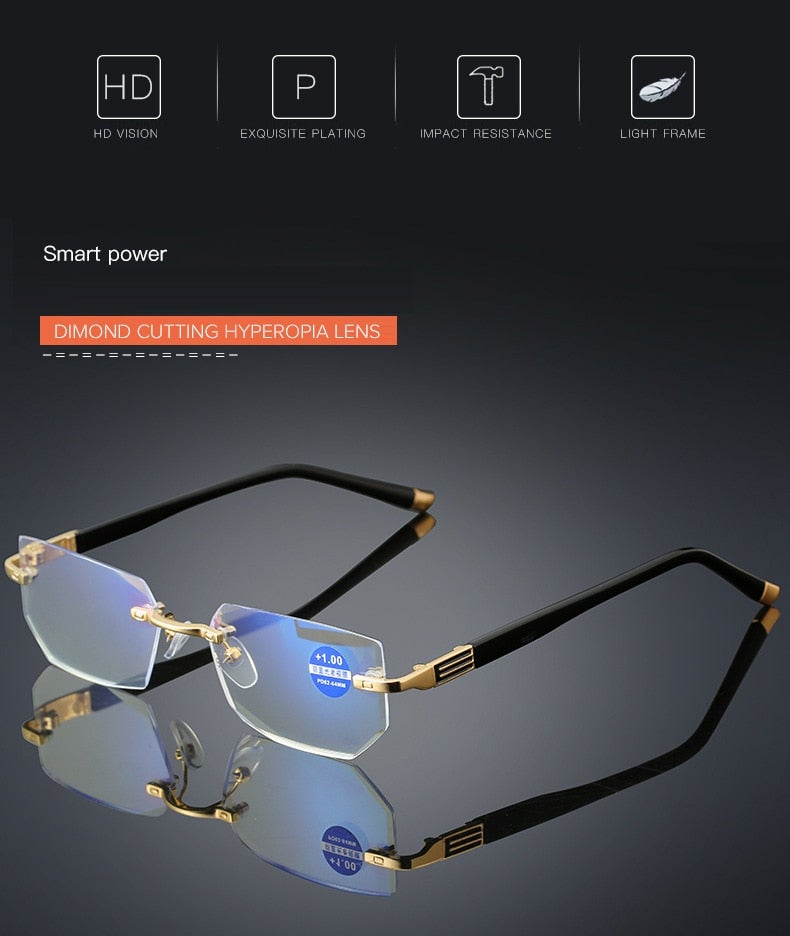 Rimless Anti Blue Light Diamond Cut Reading Glasses