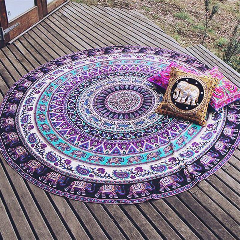 Indian Mandala Round Elephant Tapestry/Beach-Towel/Yoga-Mat - Indigo-Temple