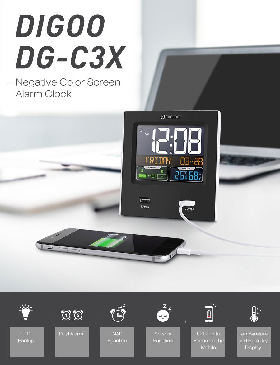 Digoo DG- Smart Charging Alarm Clock & Weather Station - Indigo-Temple