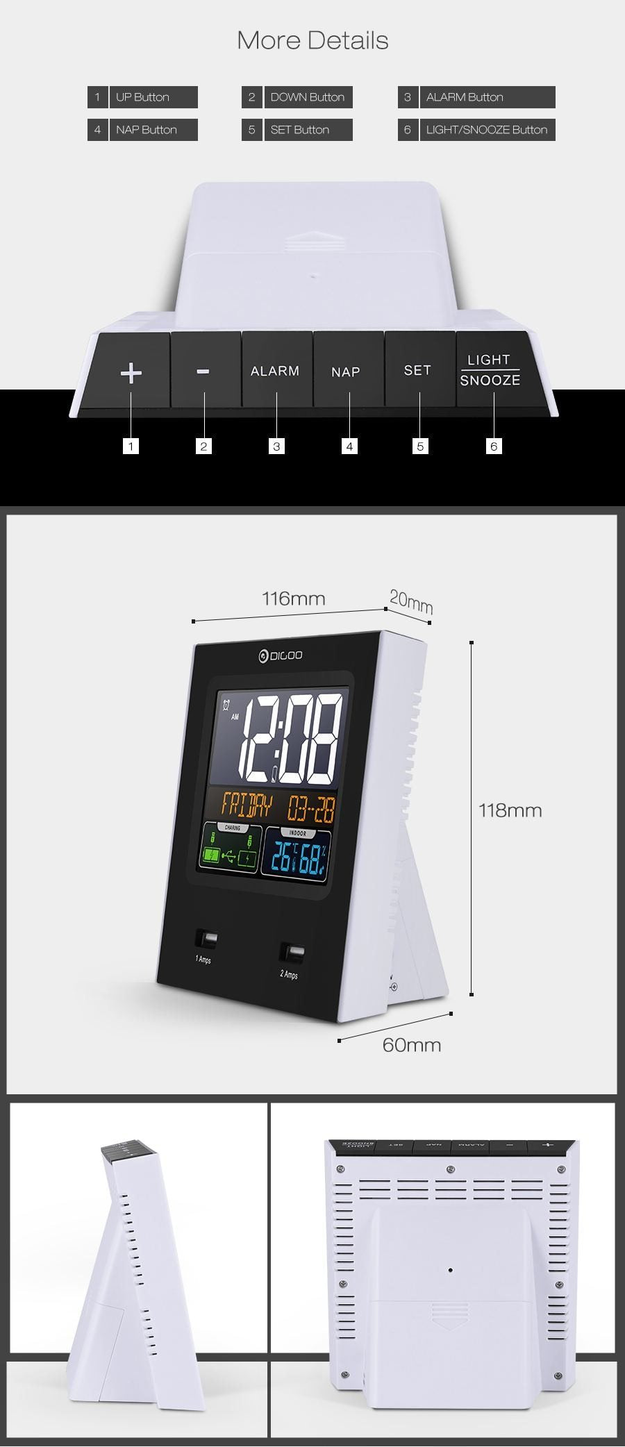 Digoo DG- Smart Charging Alarm Clock & Weather Station - Indigo-Temple