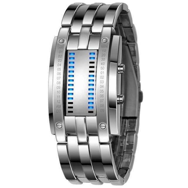 "Visionar" Futuristic LED Time Display Mirror Glass Metal Watch