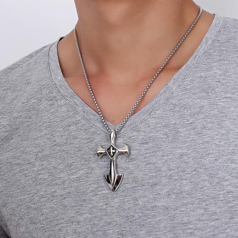 Vintage Men's Stainless Steel Cross Anchor Necklace Pendant - Indigo-Temple
