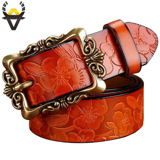 BHK™ Genuine leather Vintage Floral Pin Buckle Belt for women
