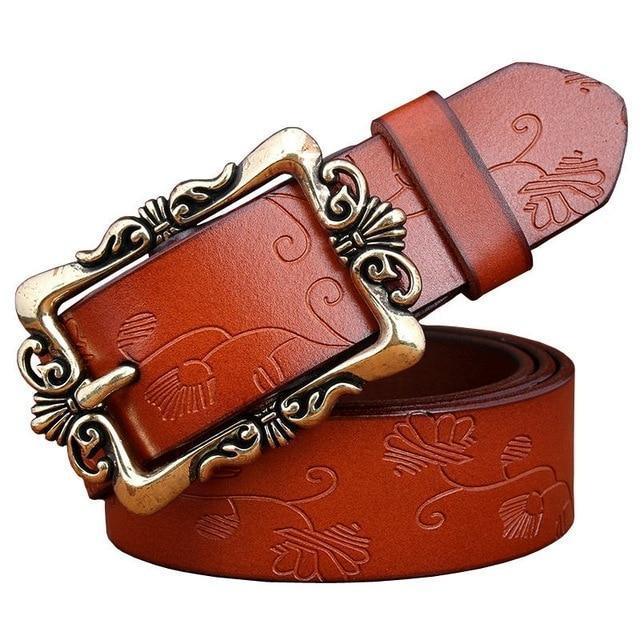 BHK™ Genuine leather Vintage Floral Pin Buckle Belt for women