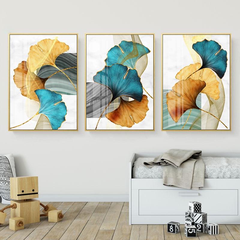 Green, Blue & Golden Ginkgo Biloba Leaves Canvas