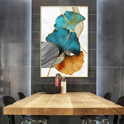 Green, Blue & Golden Ginkgo Biloba Leaves Canvas