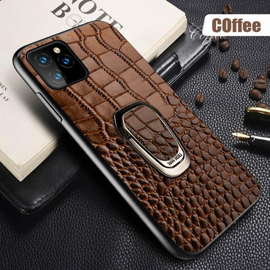 Genuine Leather Magnetic Ring Stand Case for iPhone