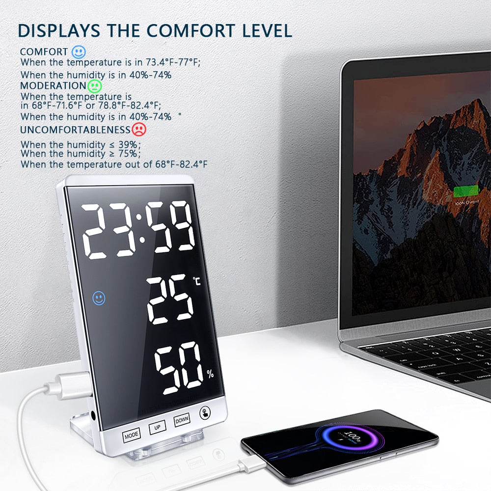 Stylish Multifunctional LED Mirror Alarm Clock