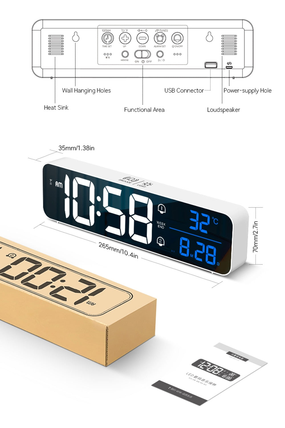 Smart Mirror Led Rechargeable Large Alarm Clock