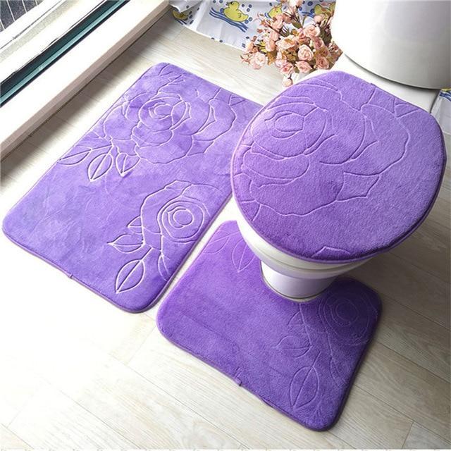 3-pc Anti-Slip Decorative Bathroom Mat Set - Indigo-Temple