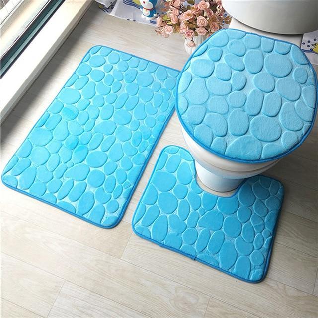 3-pc Anti-Slip Decorative Bathroom Mat Set - Indigo-Temple