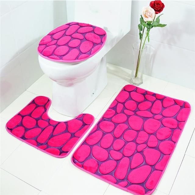 3-pc Anti-Slip Decorative Bathroom Mat Set - Indigo-Temple