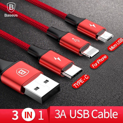 3-IN-1 3A Super Fast Charge Cable (USB+TypeC+iPhone) - Indigo-Temple