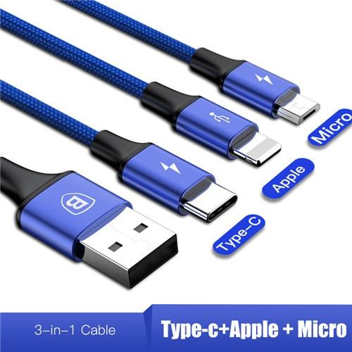 3-IN-1 3A Super Fast Charge Cable (USB+TypeC+iPhone) - Indigo-Temple