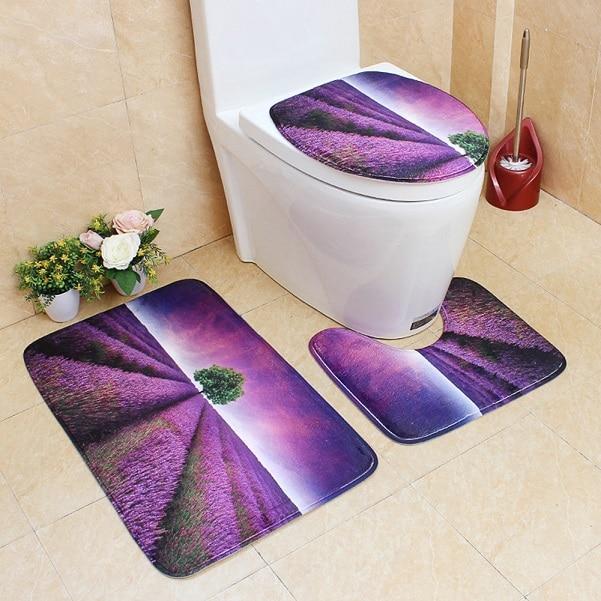 3-pc Anti-Slip Decorative Bathroom Mat Set - Indigo-Temple