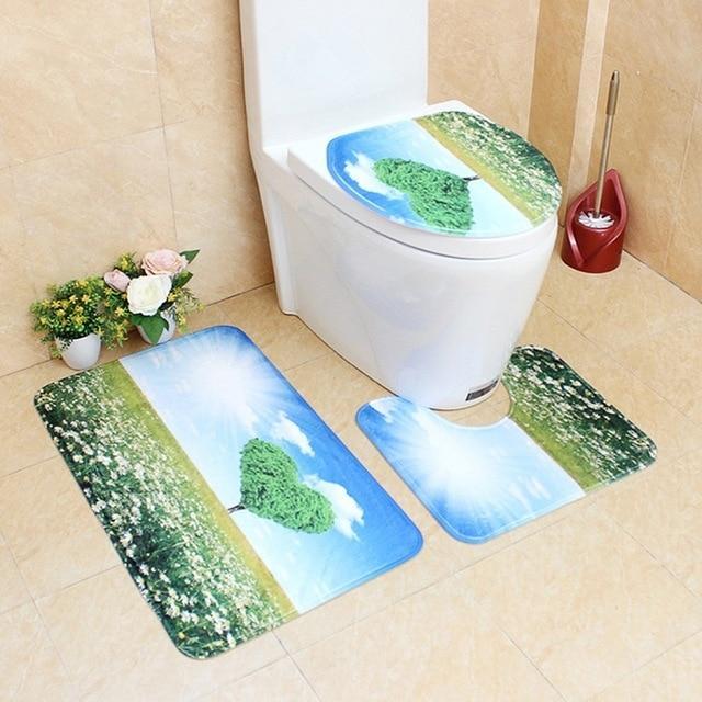 3-pc Anti-Slip Decorative Bathroom Mat Set - Indigo-Temple